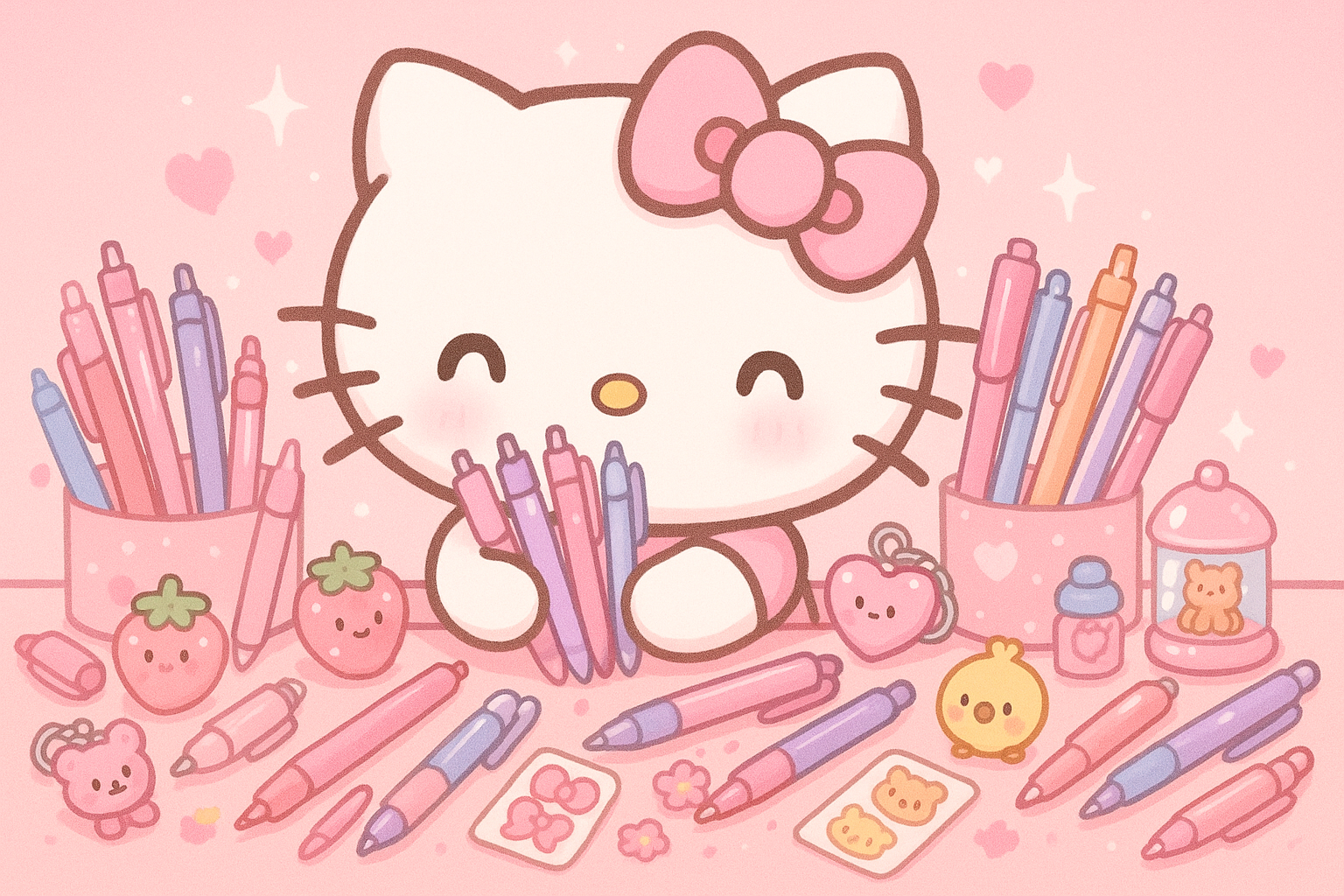 Pink Hello kitty collecting pens and trinkets