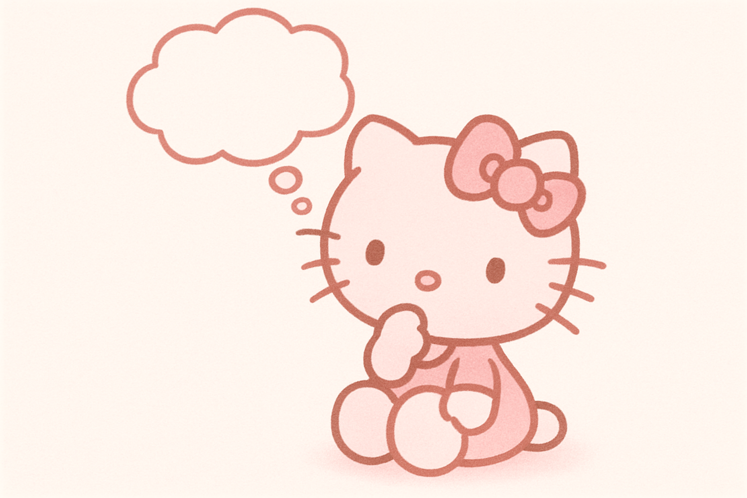 Pink hello kitty thinking with a thought bubble
