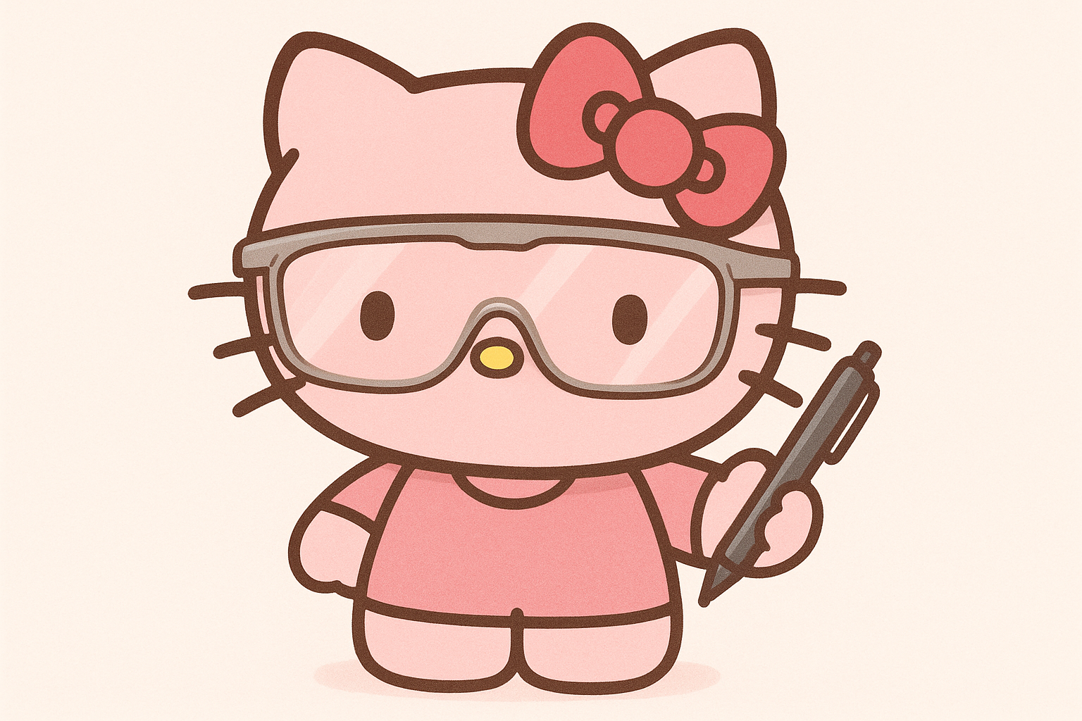 Pink hello kitty wearing safety glasses and holding a pen